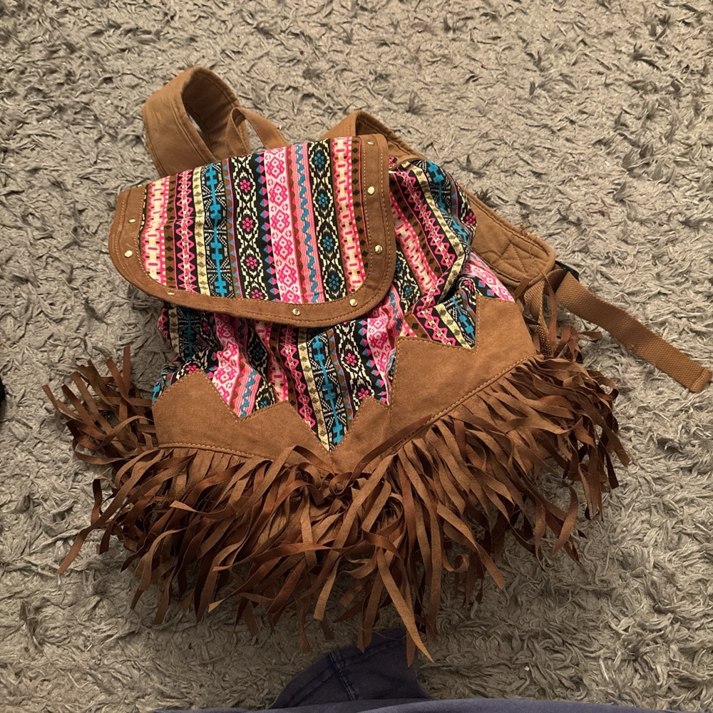 Brown and pink fringe backpack #fringe